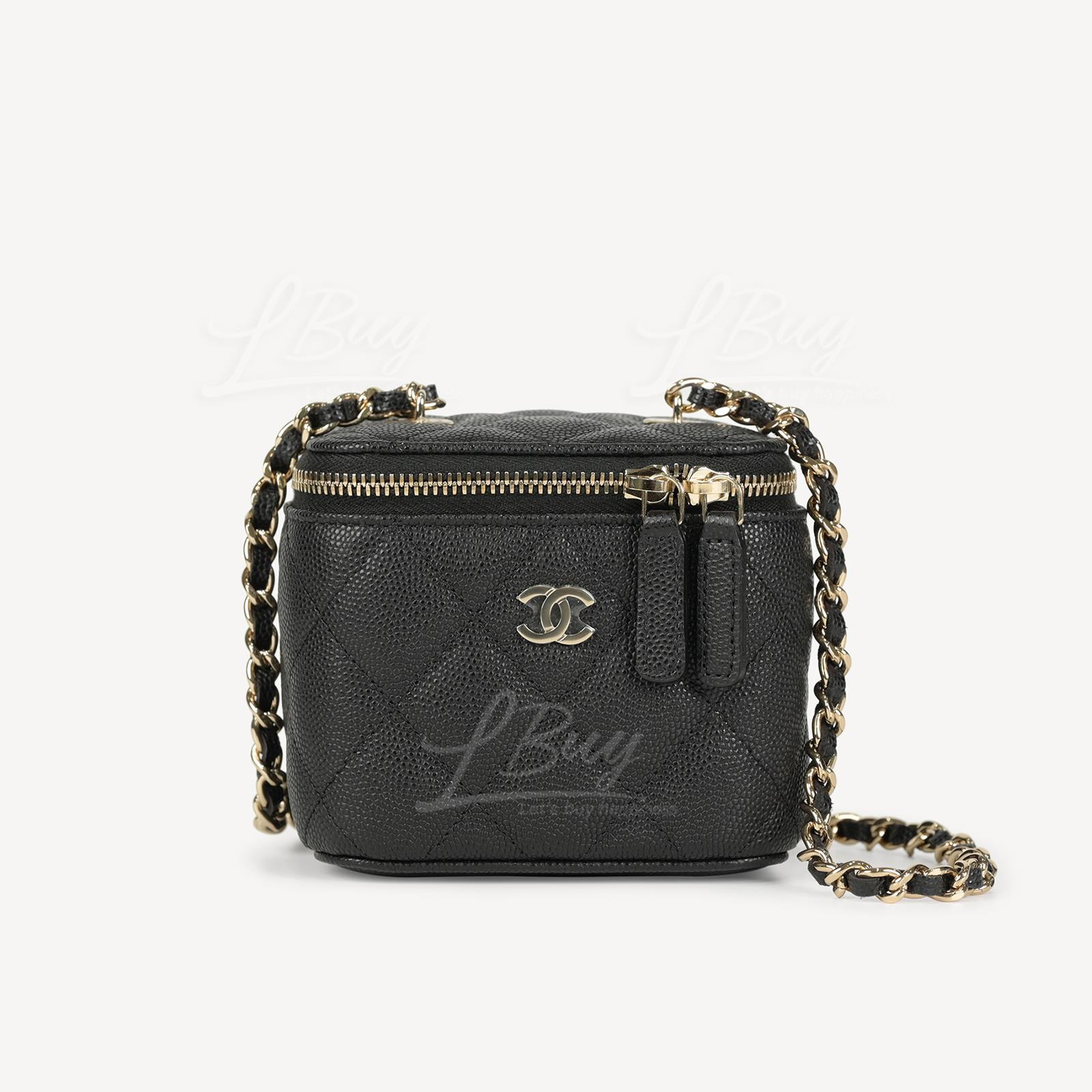 Chanel 镜子粒纹小牛皮盒底CC Logo黑色链带小号化妆盒子 AP1340