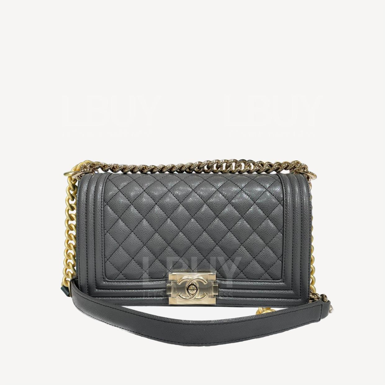 Chanel Boy 粒紋小牛皮灰色淡金扣 中號25cm手袋 A67086