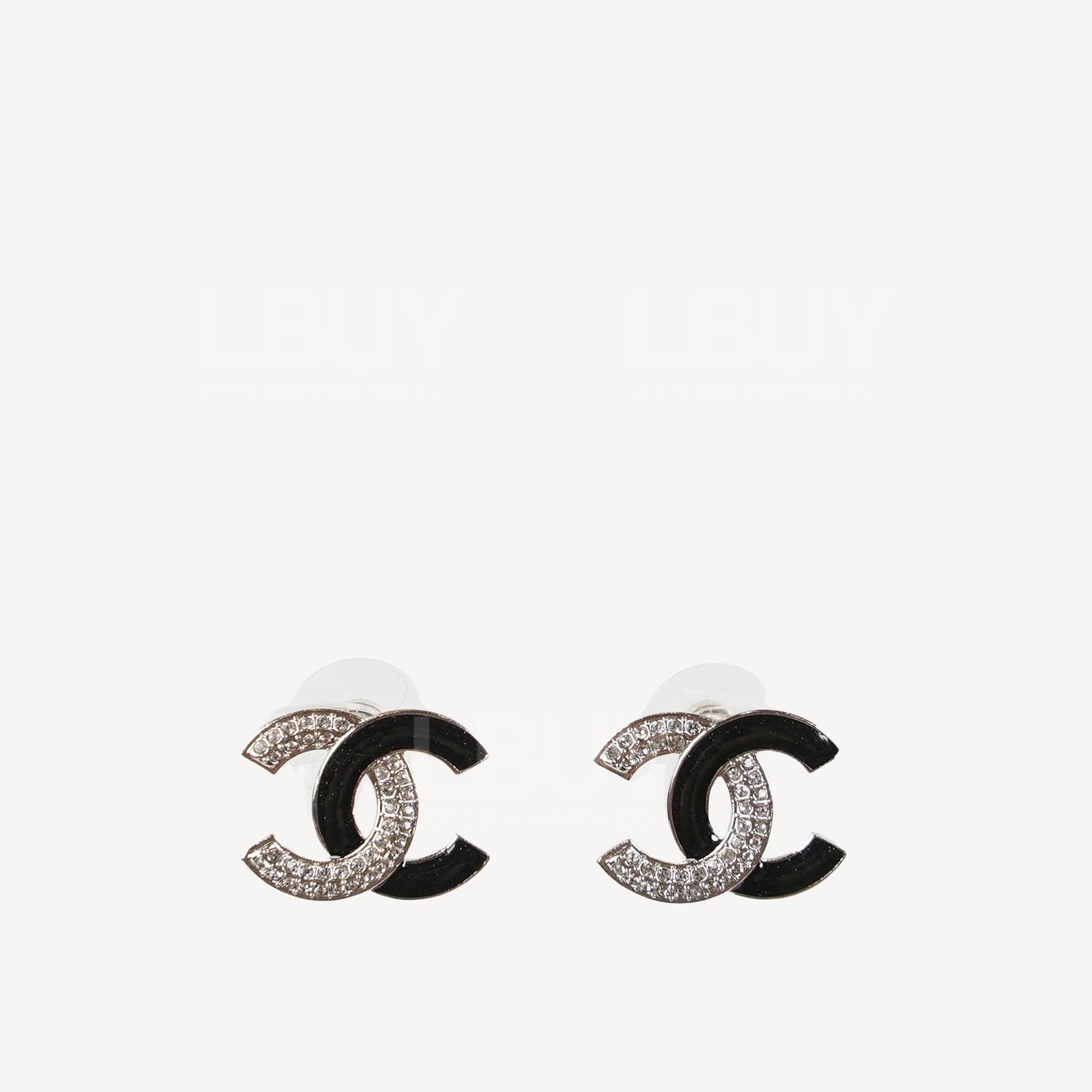 Chanel CC logo Earrings Black Silver ABB931