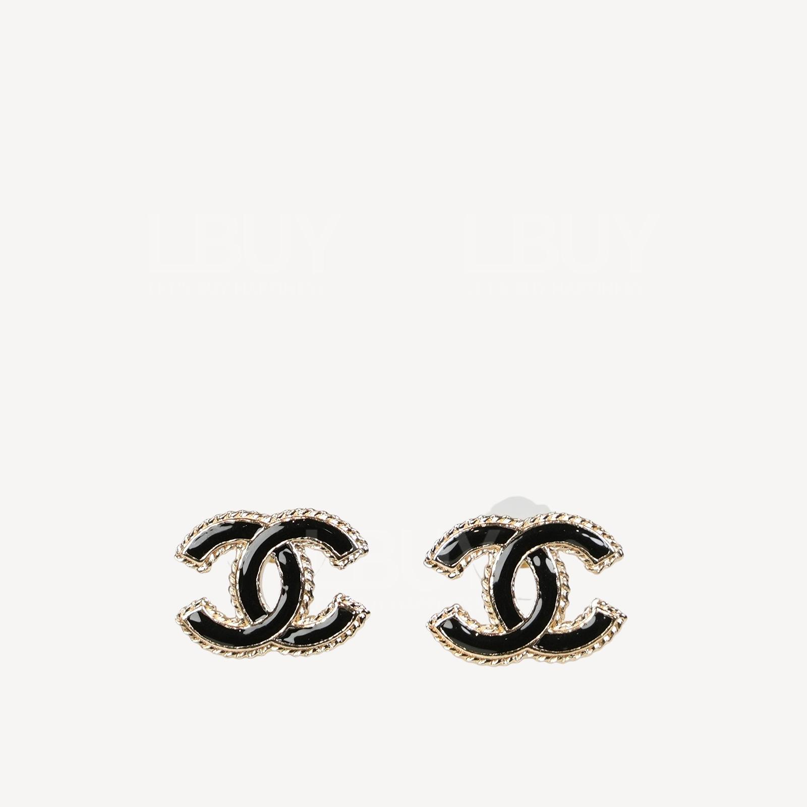 Chanel 黑色珐琅CC Logo金色耳环 ABC528