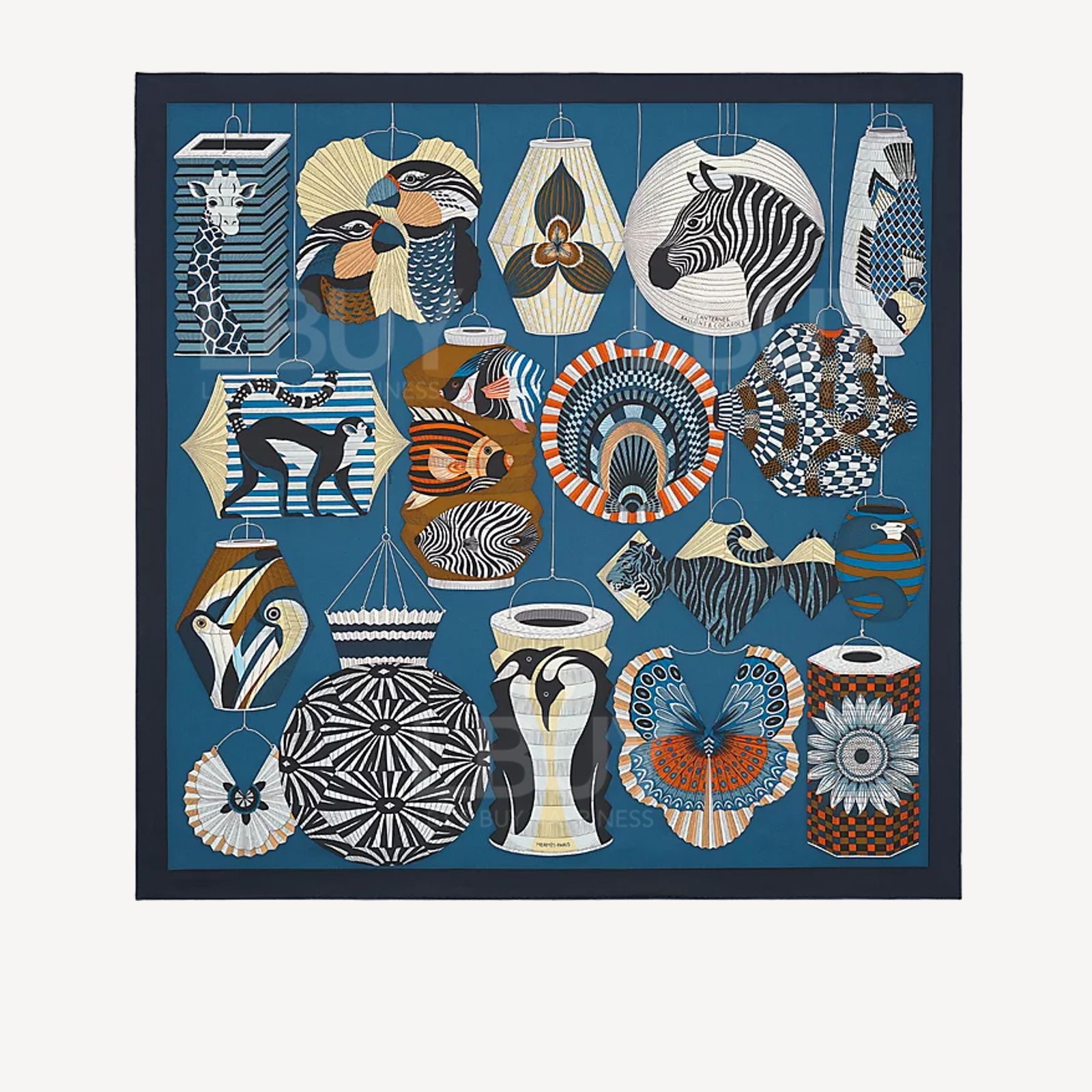 Hermes Lanternes Ballons et Cocardes Scarf 90 丝巾 动物气球灯笼图桉 海军蓝 石油蓝 古铜色