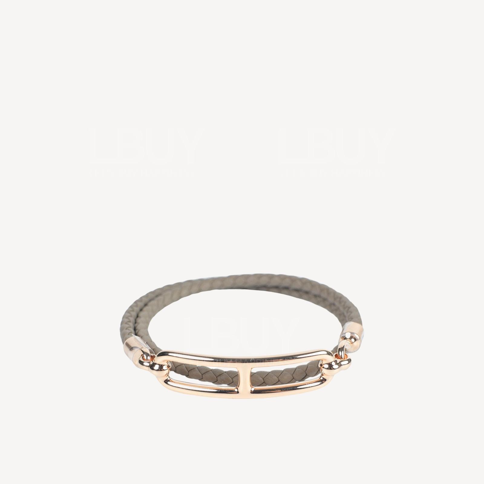 Hermes Roulis Double Tour Bracelet 皮革编织双圈猪鼻手带 大象灰配玫瑰金扣