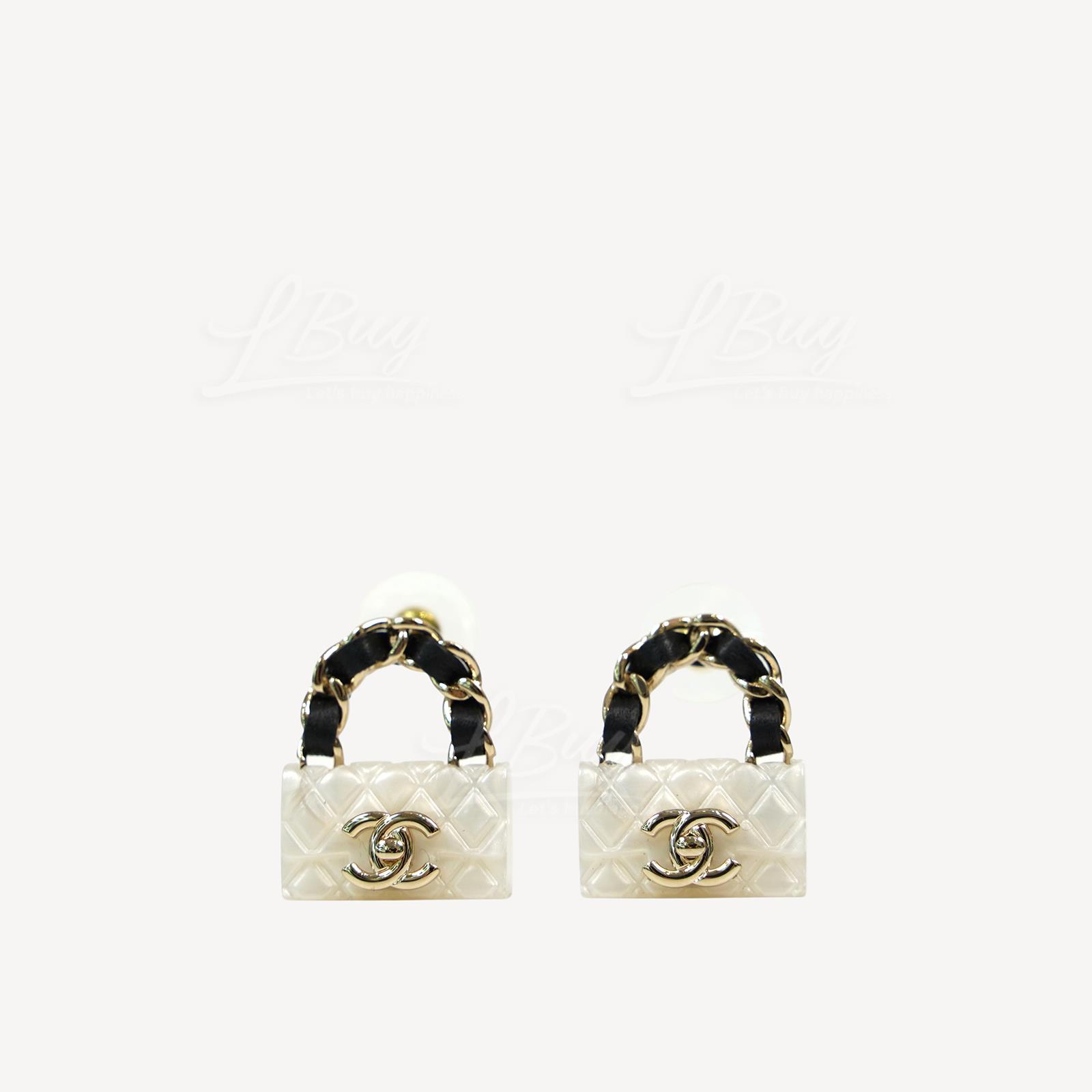 Chanel White Diamond Leather Chain Handbag Shape Earrings ABA007