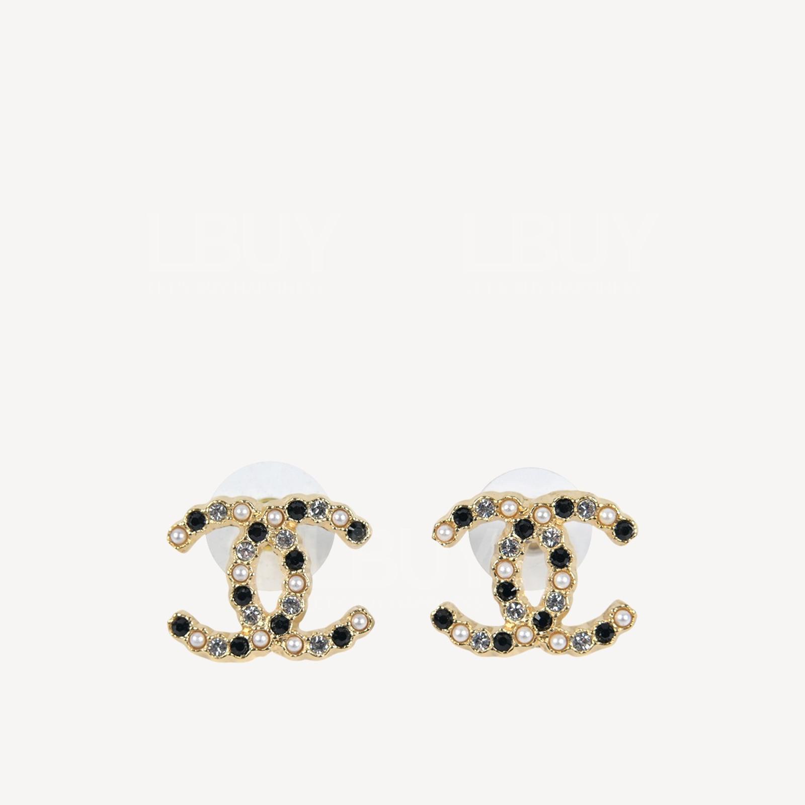 Chanel Black and White Crystal Pearl Gold CC Logo Earrings