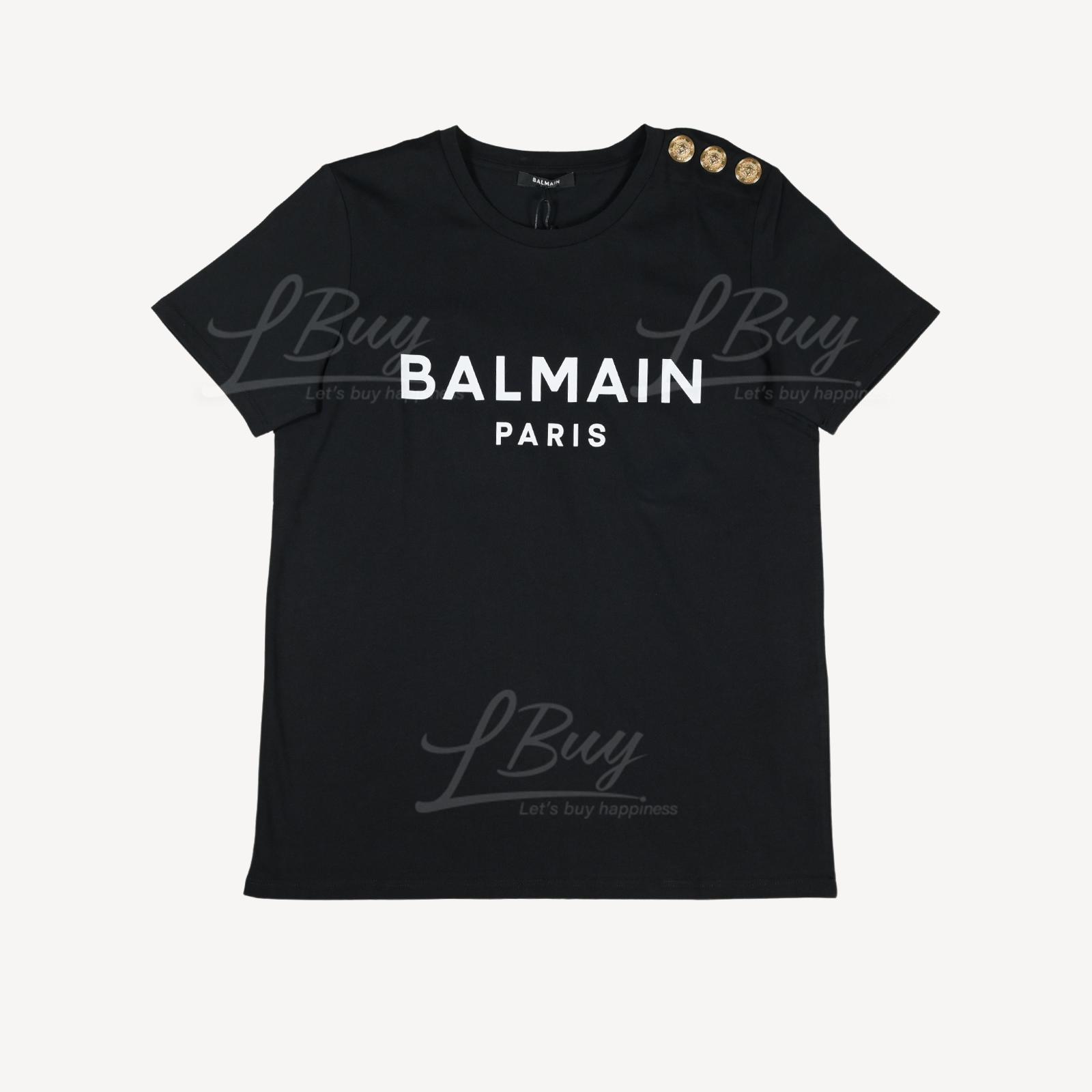 Balmain Gold Button White Logo T-Shirt Black