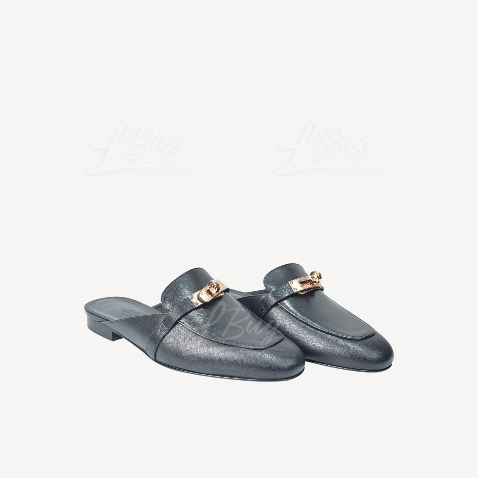 Hermes Oz Mule 黑色山羊皮穆勒鞋 Kelly玫瑰金扣