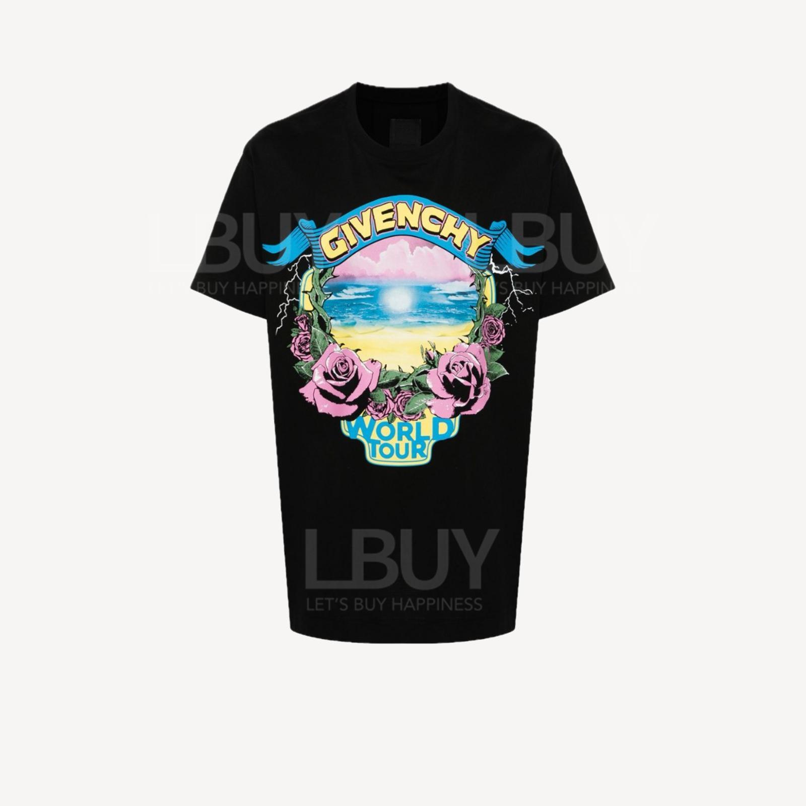 Givenchy 黑色拼玫瑰花logo短袖T恤