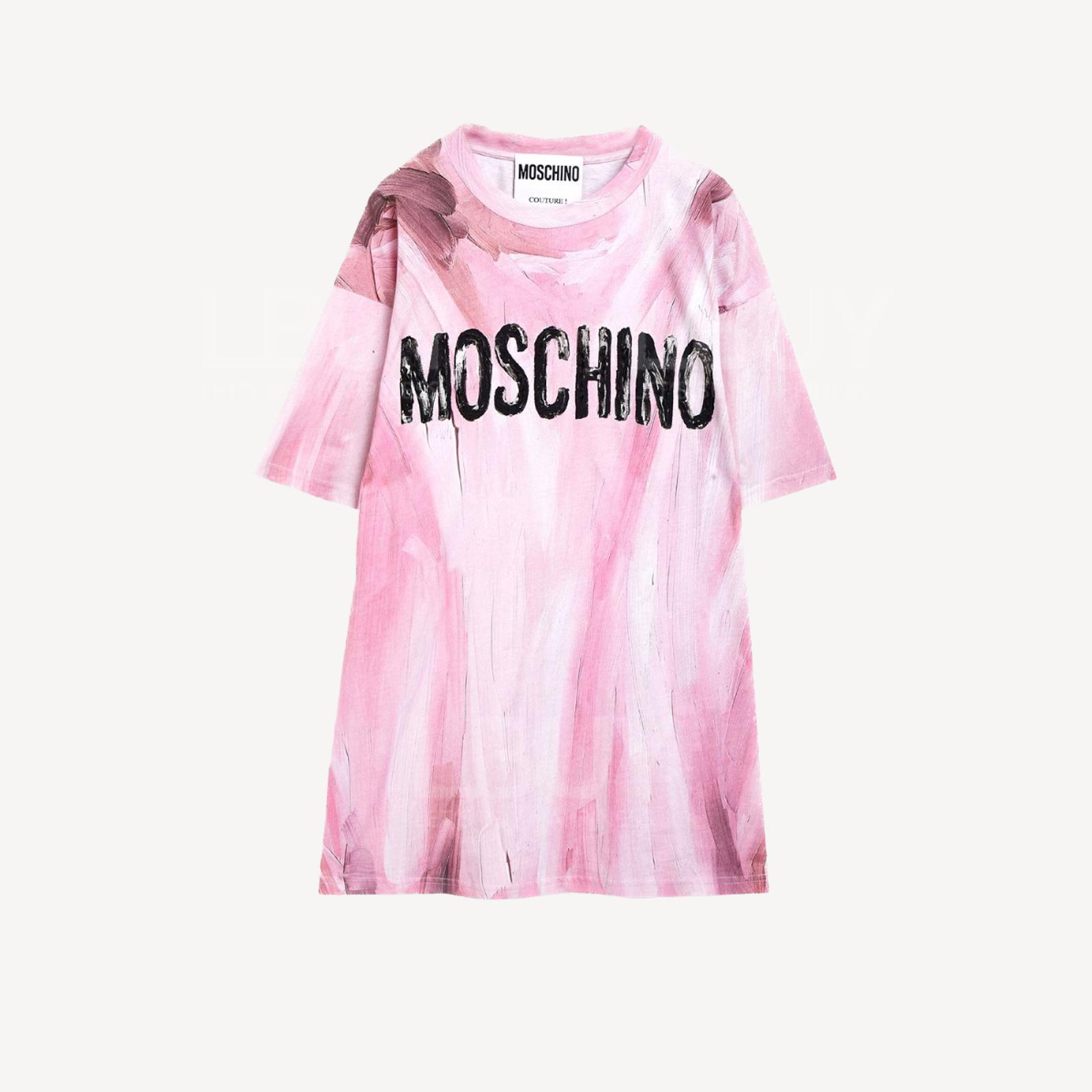 Moschino 粉紅色油畫併黑色Logo短袖Tee
