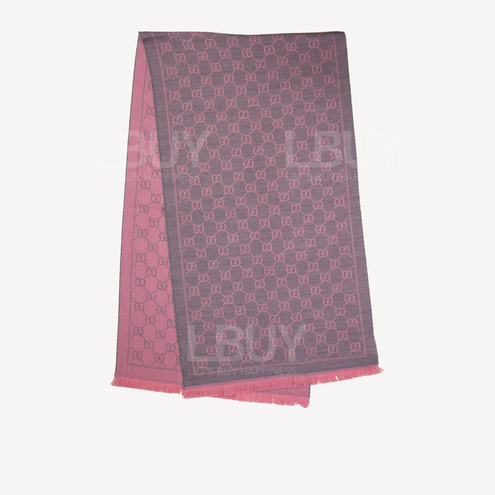 Gucci GG Logo Wool Fringe Edge Scarf Pink Grey