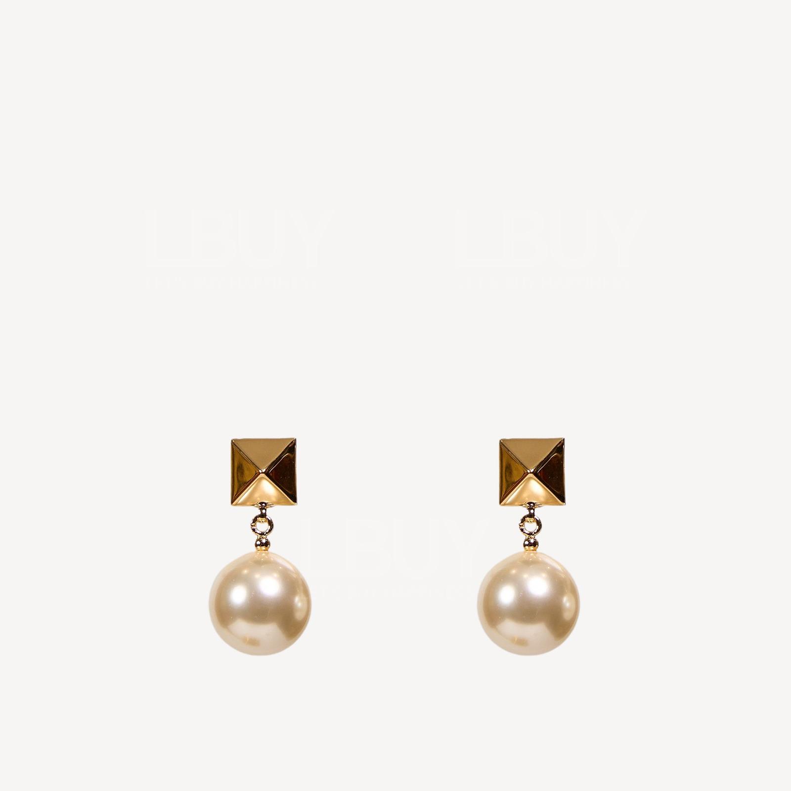 Valentino 金色鉚釘配白色珍珠吊墜耳環