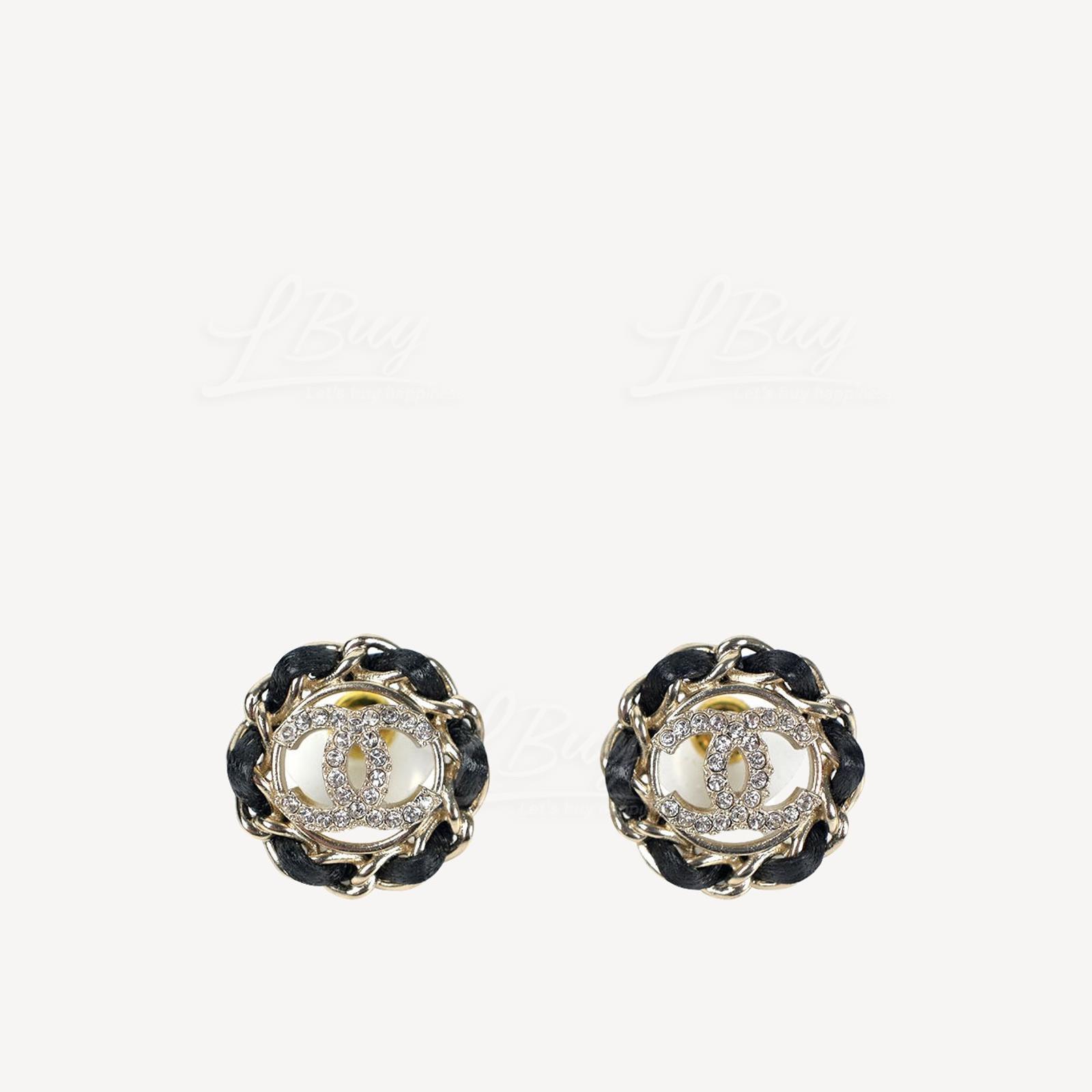 Chanel Leather Gold CC Logo Crystal Earrings AB8297