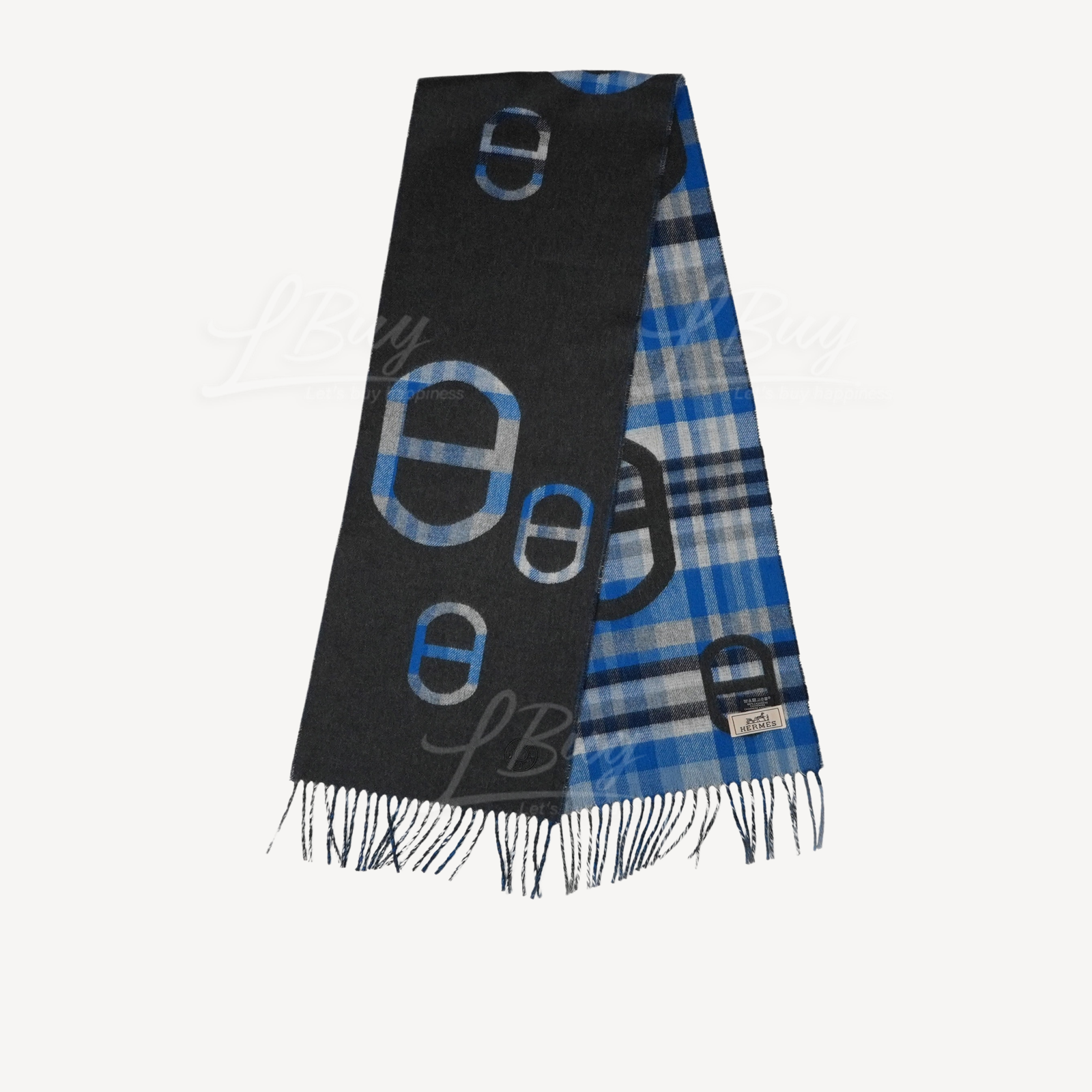 Hermes Tartan Maillons Muffler  Anthracite Bleu