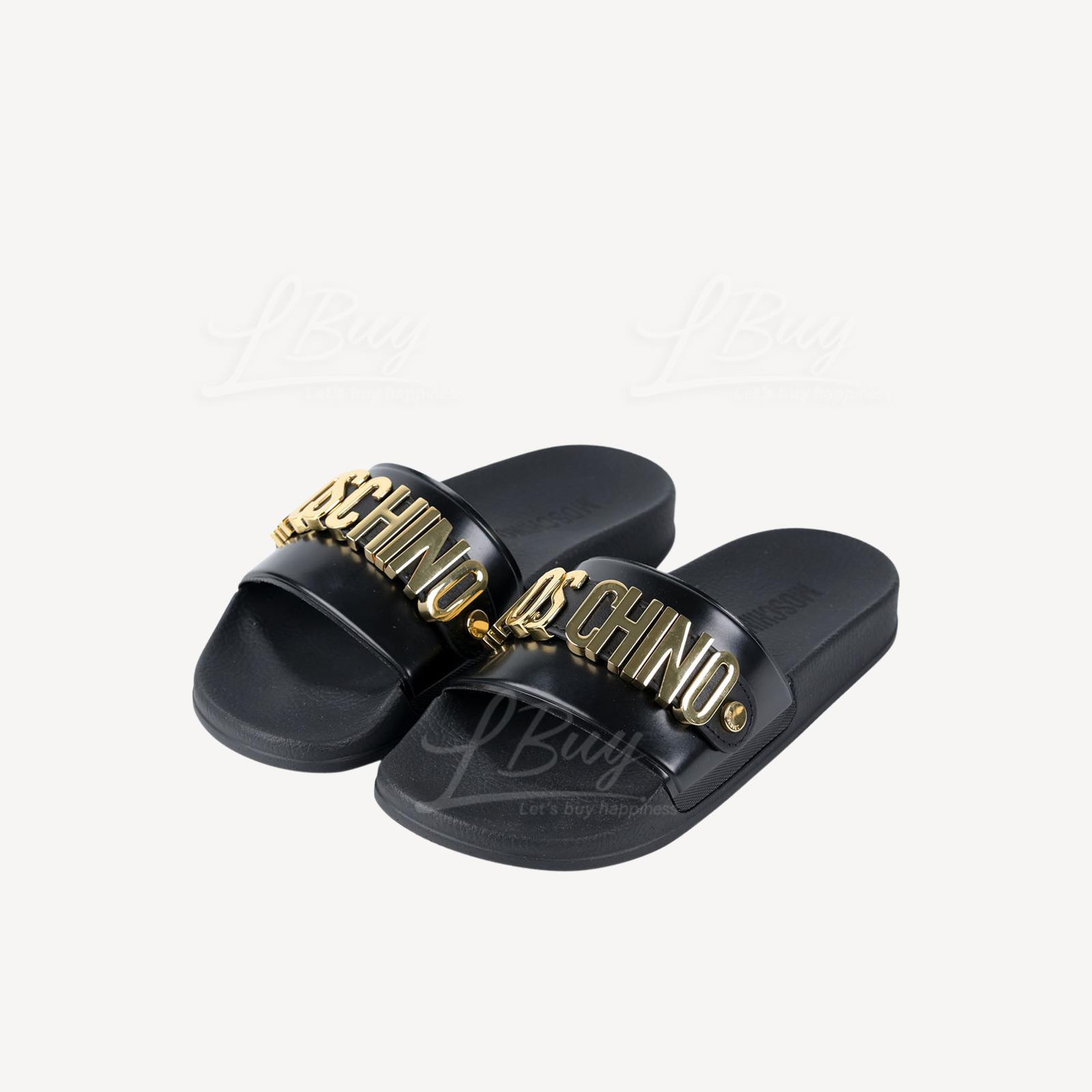 Moschino Women Gold Logo Black Sandal Slippers