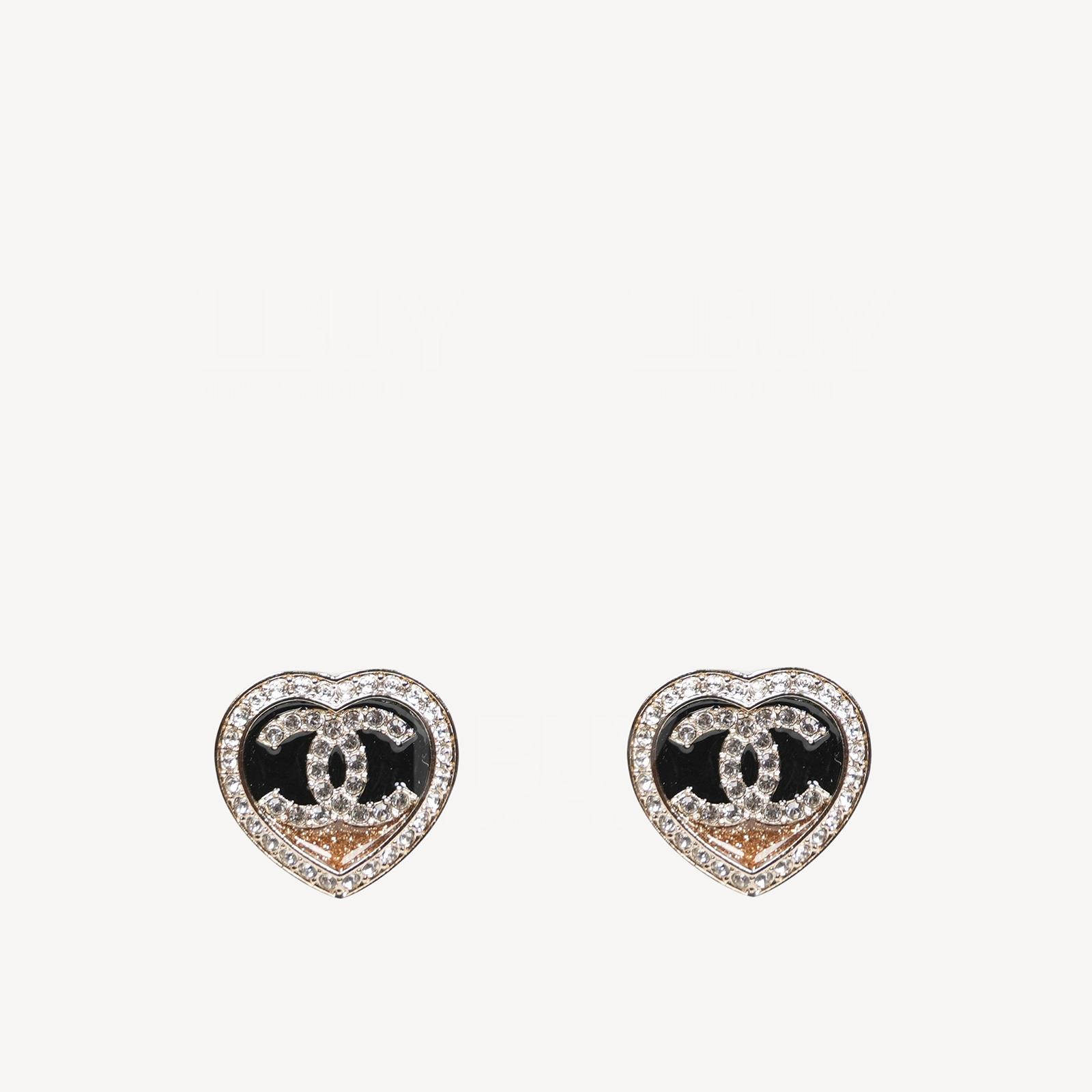 Chanel Heart Shape Crystal Black and Gold CC Logo Earrings ABB664