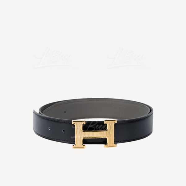 Hermès-Hermes Reversible Belt with H Guillochee Gold Hardware
