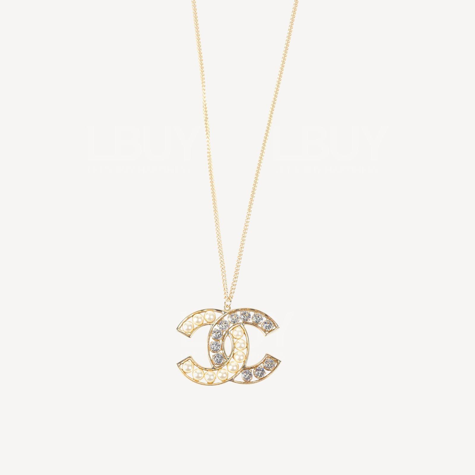 Chanel 金色珍珠併水鑽大CC Logo項鏈