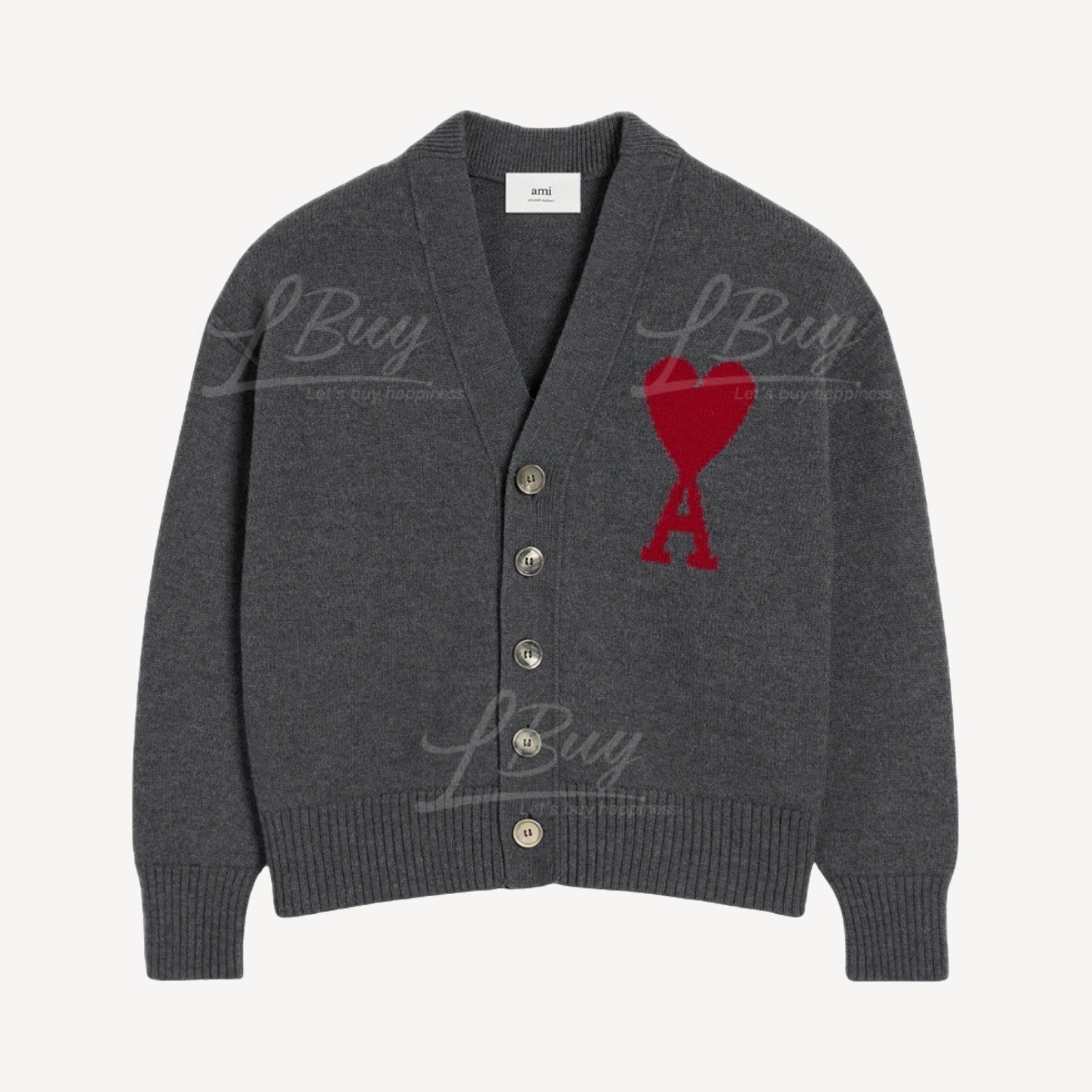 Ami Paris Red Heart Grey Button Cardigan Grey BFUKC006
