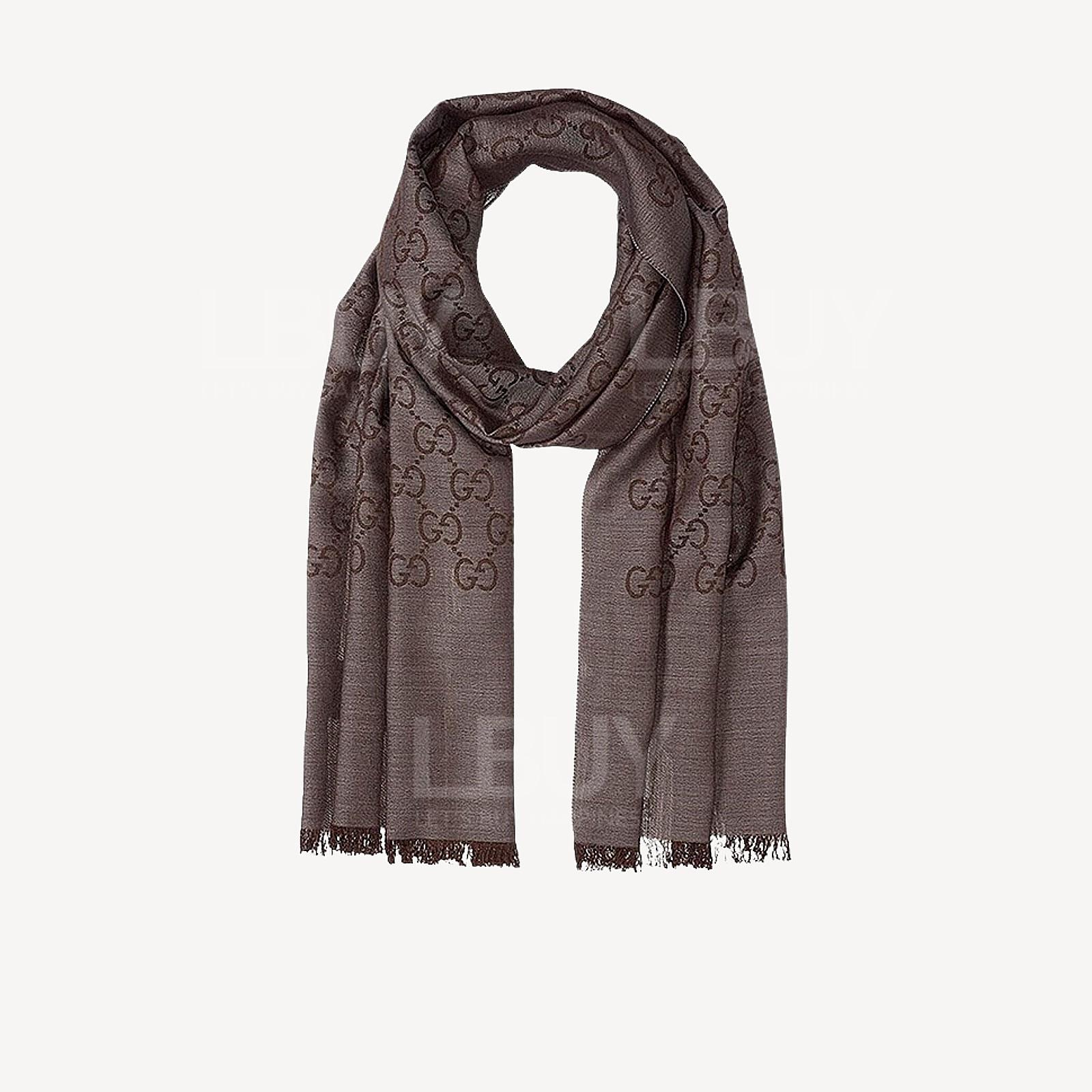 Gucci GG Logo 棕色羊毛真絲圍巾頸巾 165904