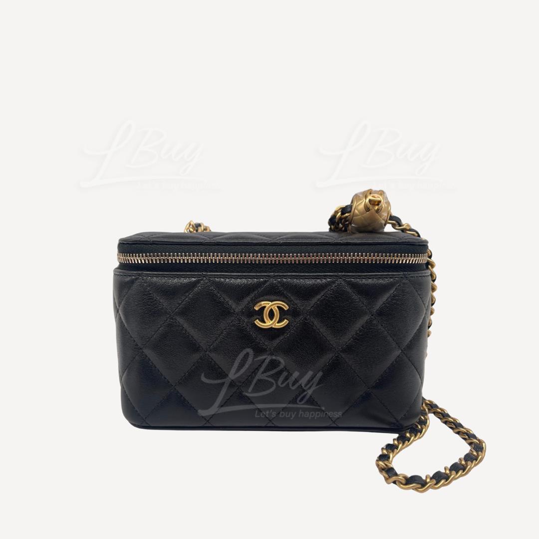 Chanel Vanity Case 小金球鏡子盒底CC Logo黑色鏈帶長型化妝盒子AP2303