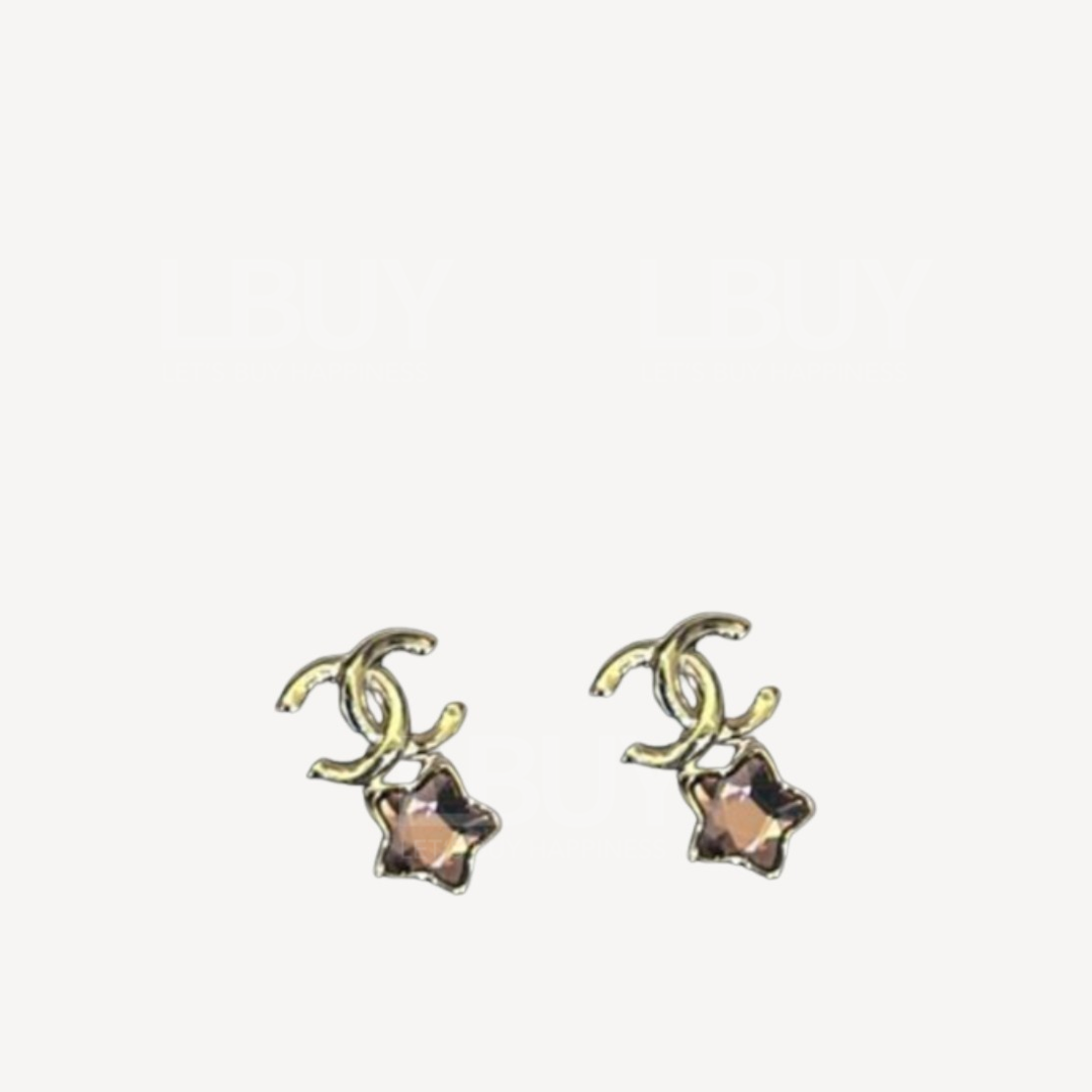 Chanel 金色CC logo 拼粉红色星星耳环 ABE183