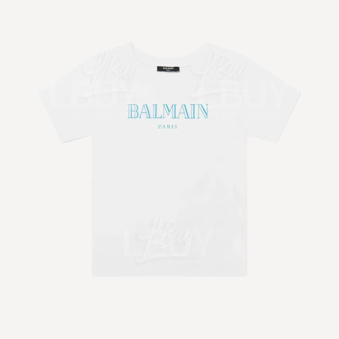 Balmain 粉蓝Logo 白色 T-shirt