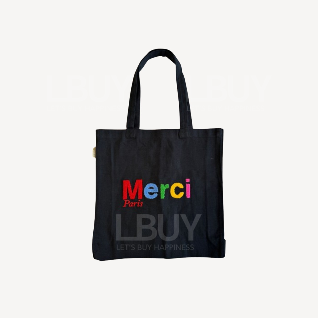 Merci Paris 彩色Logo黑色 Large Tote Bag