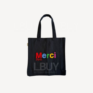 Merci Paris 彩色Logo黑色 Large Tote Bag