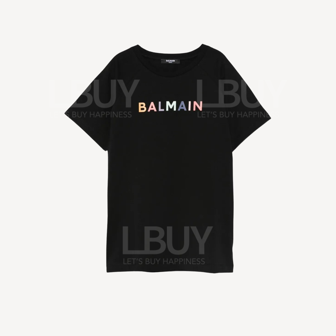 Balmain 彩色皮革 Logo 短袖T恤 黑色