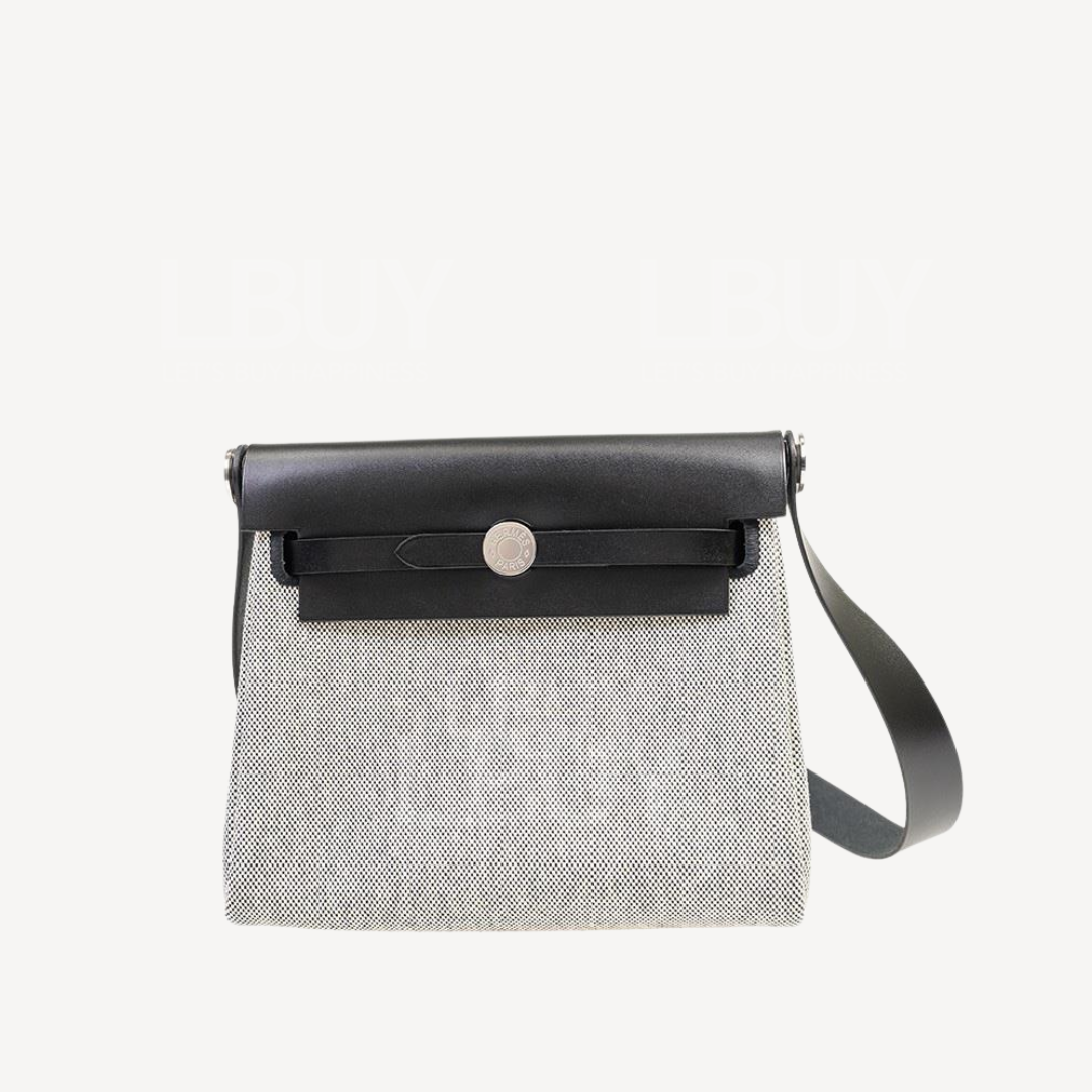 Hermes Herbag Zip 20 Mini 黑色皮革灰色帆布拼银扣