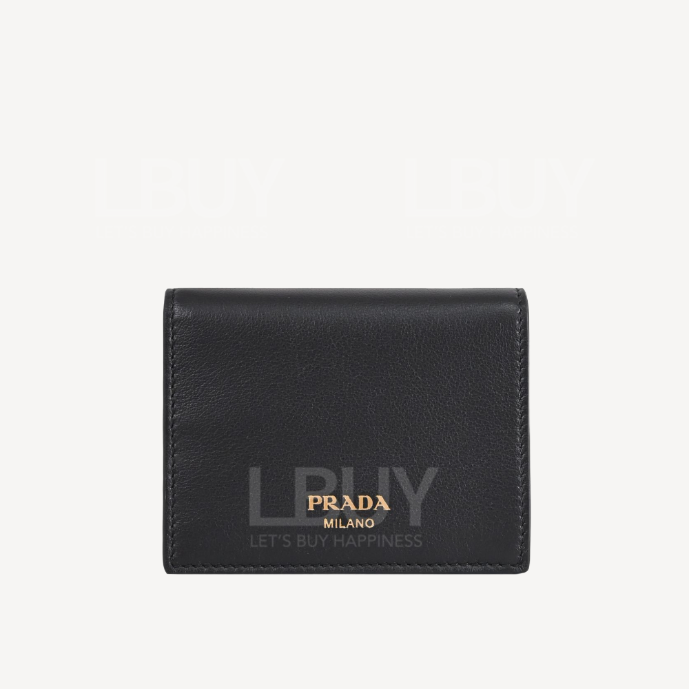 Prada 金色標誌皮革黑色銀包 1MV021
