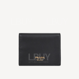 Prada 金色標誌皮革黑色銀包 1MV021