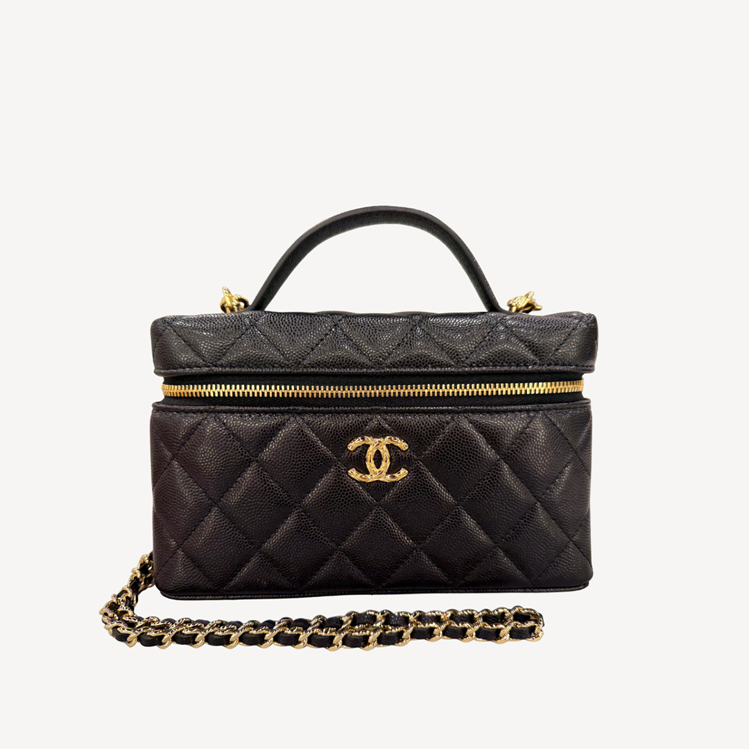 Chanel Vanity Case 金色CC Logo 粒纹小牛皮手挽长型化妆盒子 黑色 AP5020