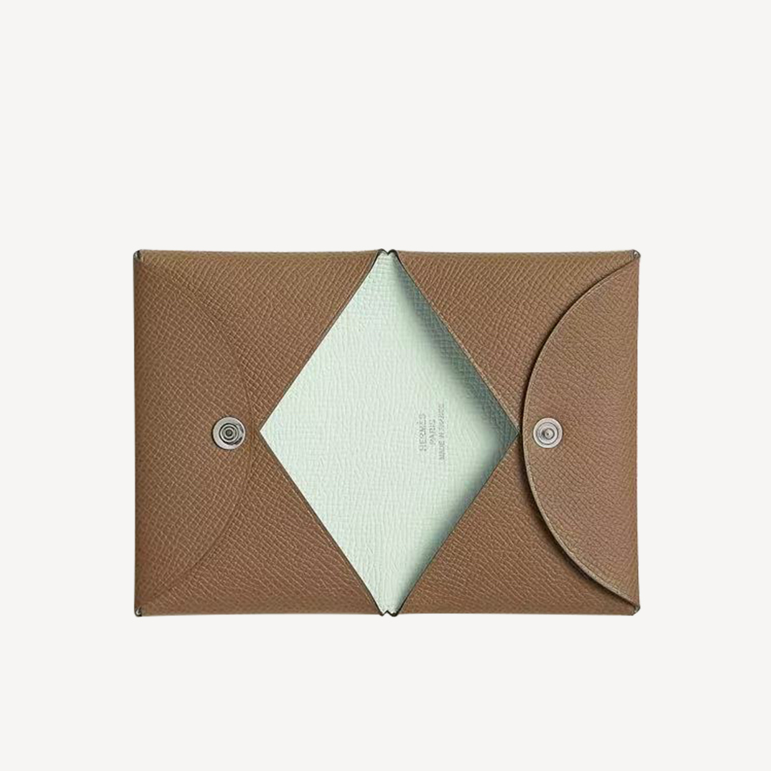 Hermes Calvi Card Holder Chestnut Polished Bubble Green