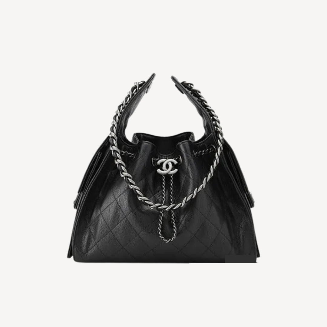 Chanel 25 小型包 銀灰色扣单肩袋 黑色 AS5293