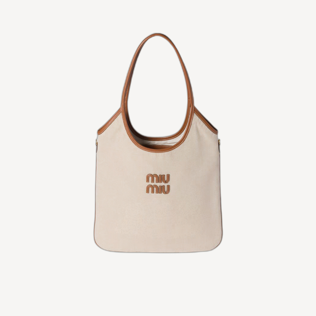 Miu Miu Ivy Hobo 帆布和皮革手袋 自然色 白蘭地色